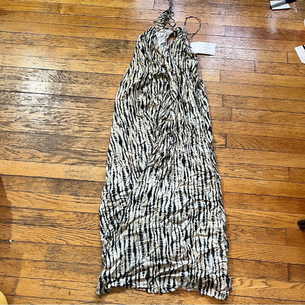 Zara satiny blue Japanese pattern dress XS